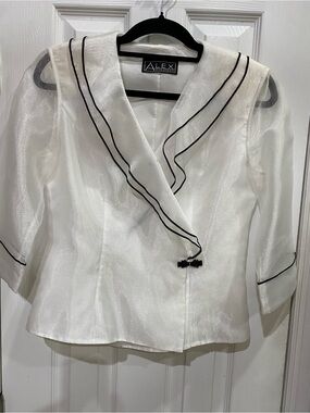 Alex Evenings White Organza Wrap Blouse with Black Trim
